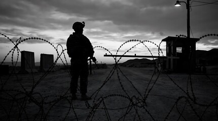 Fototapeta premium Silhouetted soldier standing behind barbed wire at dusk with a guard tower under cloudy sky