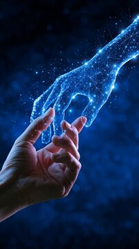 Human hand reaching digital ai connection and future