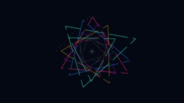 Vibrant geometric artwork with overlapping glowing colorful triangles spiraling into a dark center, concept of triangle transformation for modern tech backgrounds and creative video transitions