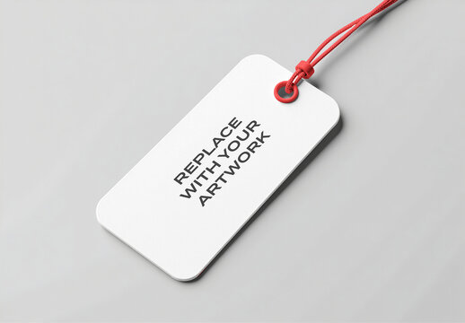 Rectangular product tag mockup with red cord on a light gray surface, realistic branding presentation for packaging design, label display, e-commerce visualization, commercial graphic template
