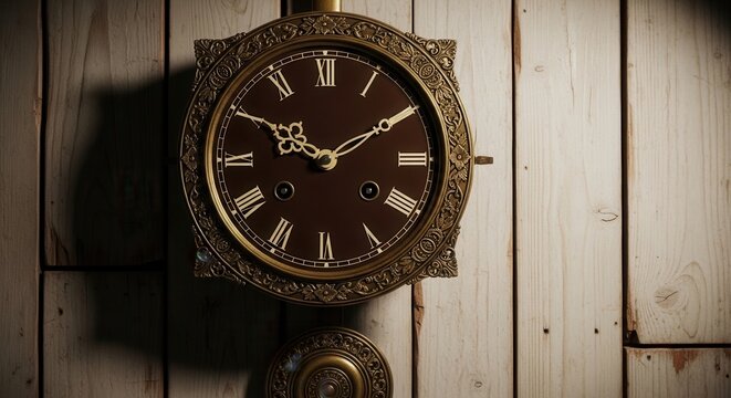 Antique Wall Clock With Roman Numerals On Rustic Wood