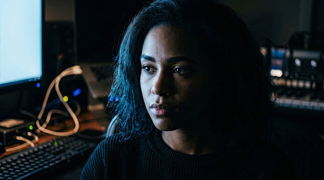 A focused young Black woman works late in a dark studio, her face illuminated by the cool glow of a computer screen.