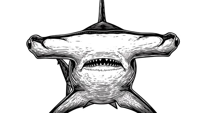Hammerhead shark head illustration in vintage woodcut style