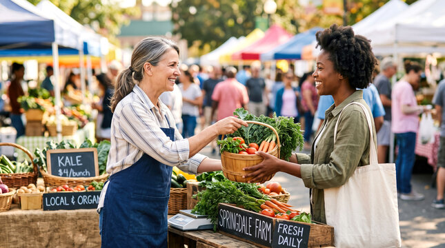 Smiling female vendor handing a woven basket filled with fresh organic vegetables to a happy customer at a farmers market.