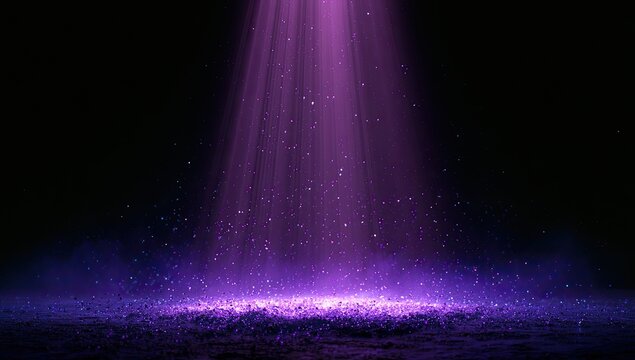 Ethereal purple light illuminates floating particles against a dark background