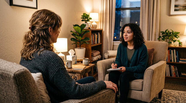Young female therapist taking notes during a mental health therapy session with a female client in a cozy indoor office.