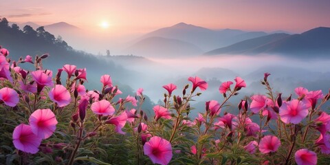 Obraz premium Vibrant pink morning glory flowers adorn a serene mountain landscape bathed in the soft glow of a sunrise, with misty valleys creating an ethereal and tranquil scene