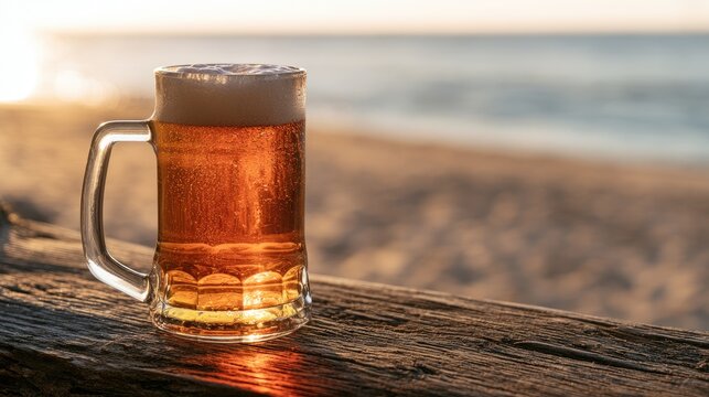 Frothy amber beverage in a glass mug sits on weathered wood, beach at sunset
