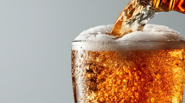 Close-up of beer being poured into a chilled glass with foam