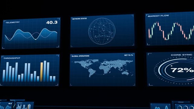 Futuristic operations control room with a stacked screen tiers displaying a world map, blue sci-fi corporate command center, a slow push-in, seamless 3D loop animation.