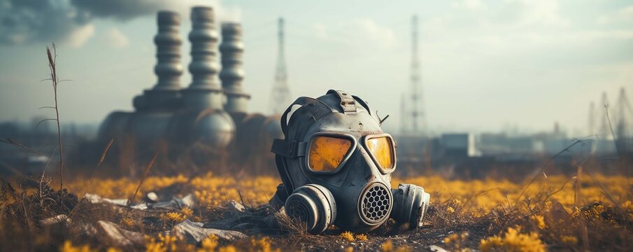 Industrial Gas Mask Amidst Desolate Field with Power Plant Chimneys Under Cloudy Sky, Symbolizing Environmental Degradation and Post-Apocalyptic Themes