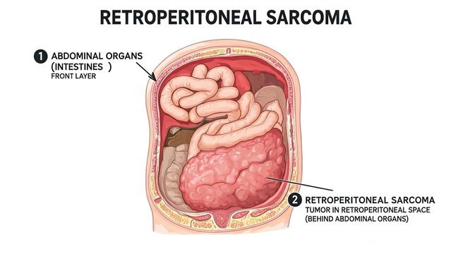 Retroperitoneal sarcoma educational schematic drawing, tumor behind abdominal intestinal organs