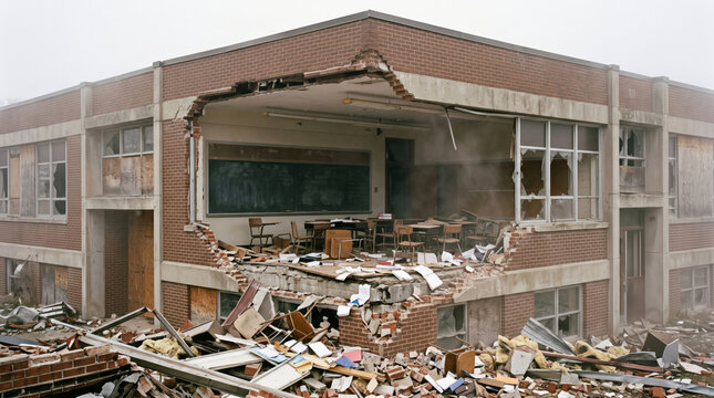 Demolished School Classroom Building with Debris and Broken Windows