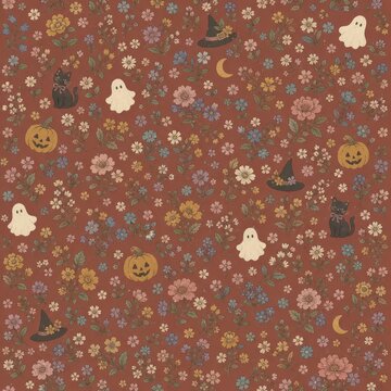Whimsical Halloween pattern with ghosts, pumpkins, cats, and floral motifs on a brown background.