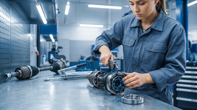 A female technician in a blue workshop uniform uses pliers and grease to repack and service a constant velocity (CV) joint assembly on a metal workbench in a professional auto service center.