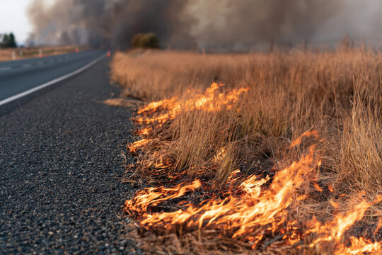 A vivid depiction of a grass fire alongside a road, with dark smoke billowing in the background, highlighting the dangers of wildfires in natural landscapes and human environments.
