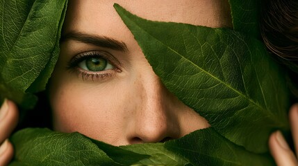 Fototapeta premium Close-up of woman's face partially hidden behind green leaves