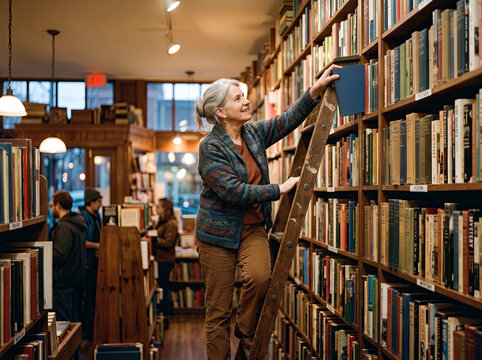 Senior woman reaching for a book on a high shelf in a cozy vintage bookstore