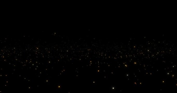 Golden looping particles moving past camera floating up into the sky
