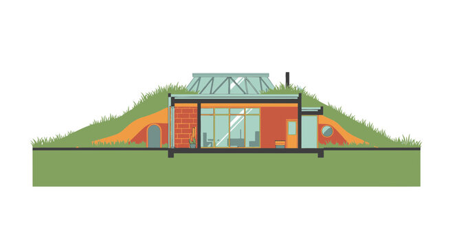 Modern Earth-Sheltered House Cross-Section: Sustainable Architecture with Green Roof