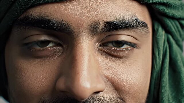 Close-up extreme detail of a man's intense hazel eyes and weathered skin, wearing a green turban