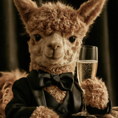 Naklejka premium Elegant alpaca wearing black tuxedo and bowtie holding champagne glass with champagne