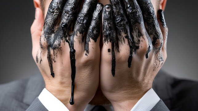 Hands covered in black ink conceal face, symbolizing pain and regret. ink drips, representing conceptual failure and bad news. image evokes sense of despair