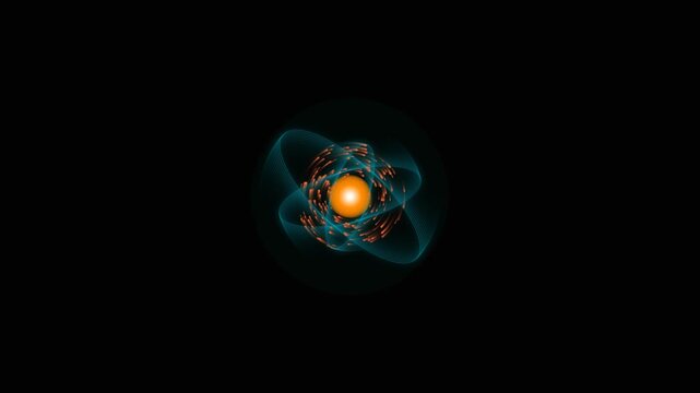Abstract glowing atomic nucleus with orbiting blue electron particles on black background