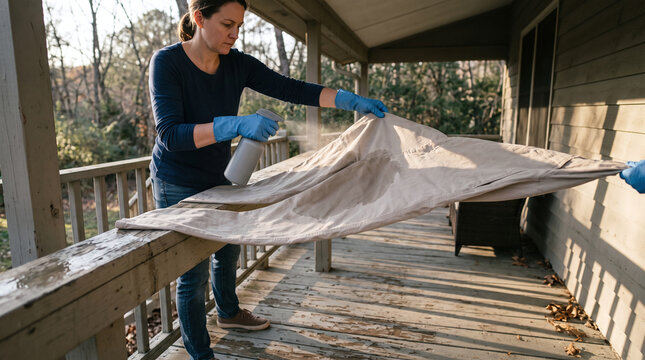 Woman spraying permethrin tick repellent on outdoor clothing on porch