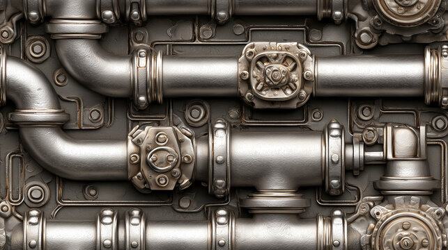 Seamless industrial pattern featuring stainless steel pipes, valves, and metal connectors creates complex mechanical texture. ultra detailed engineering design is intricate and precise