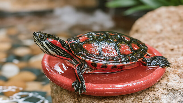 Small red eared slider turtle resting on red ceramic plate outdoors with terrapin