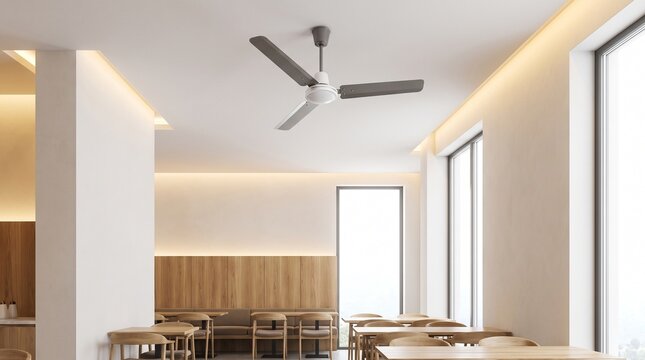 Modern minimalist ceiling fan in a bright contemporary restaurant dining room with wooden accents