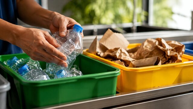 Title: Hands Sorting Plastic Bottles for Recycling