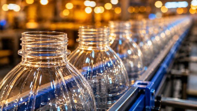 Title: Clear Plastic Bottles on Factory Conveyor