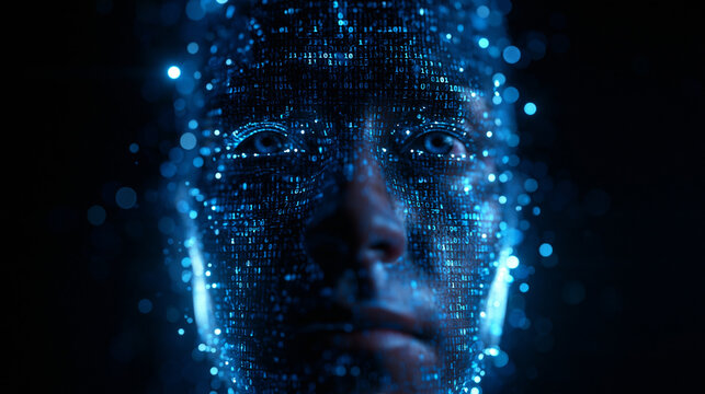 AI Futuristic Human Face with Glowing Binary Code Data