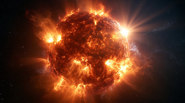 Fiery Sun with Solar Flares and Cosmic Energy in Space