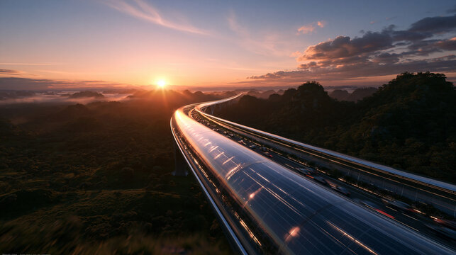 Futuristic Hyperloop Transportation Tube Through Mountain Landscape at Sunset