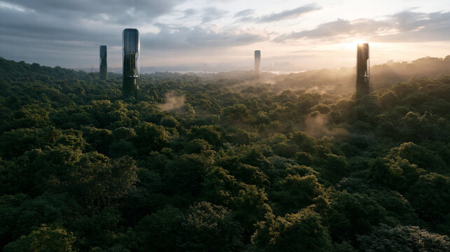 Futuristic Sustainable Eco Towers Rising from Forest Canopy at Sunrise