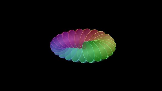 Rotating 3D rainbow torus made of colorful glowing circles loop on black background