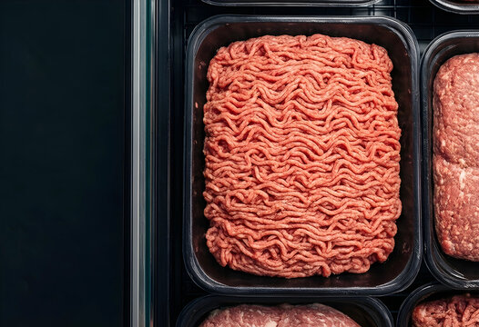 Fresh ground beef in supermarket packaging, raw minced meat for cooking, food safety and grocery shopping