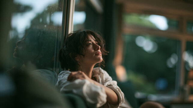 Thoughtful Young Woman Looking Away Near Window at Home