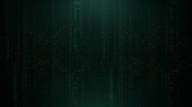 Seamless dark green and black digital matrix texture featuring tiny luminous particles and delicate vertical data patterns, creating a minimal futuristic atmosphere for technology, computing, and digi