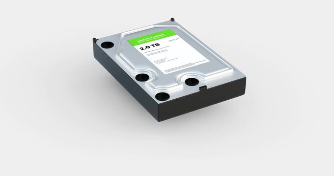 Computer hard disk drive dropping and bouncing on clean white background illustrating mass data storage hardware