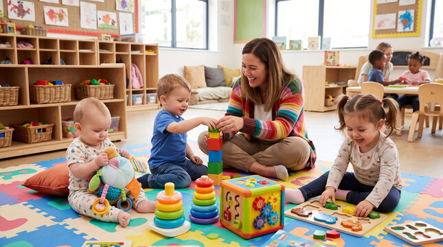Female teacher sitting on a colorful play mat in a preschool nursery classroom, assisting a toddler boy with wooden blocks while a baby and young girl play with educational toys.