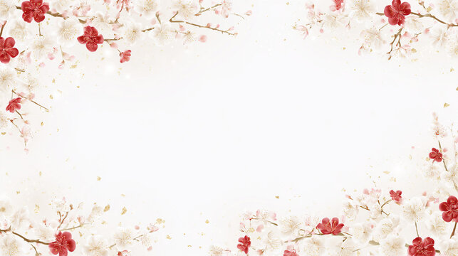 紅白の梅の花と金箔を周囲にあしらった春と新年の華やかな和風フレーム背景
