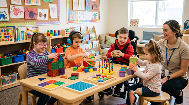 Diverse children including a boy in a wheelchair and a girl with a prosthetic leg engage in educational play with a teacher in an inclusive special education classroom setting.