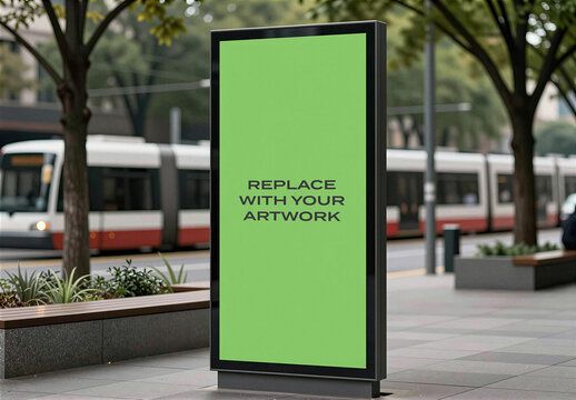 Vertical billboard mockup with placeholder screen displayed on a city sidewalk, urban advertising presentation featuring tram in the background, design