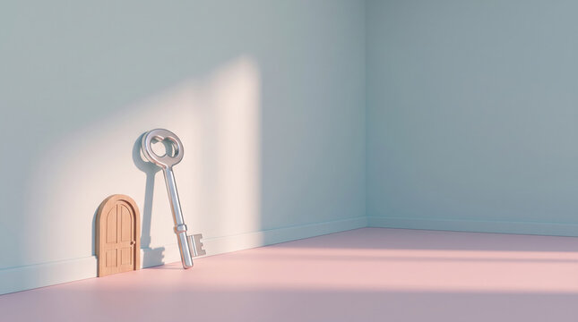 Silver key leaning on pastel wall near small wooden door in empty room with soft light