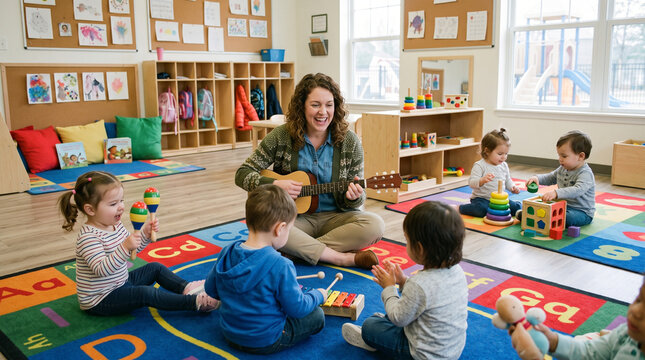 Female preschool teacher playing ukulele and singing with a group of toddlers sitting on a colorful alphabet rug in a bright classroom with educational toys and cubbies.
