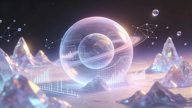 Futuristic planet inside glowing glass sphere with orbit ring and graphs